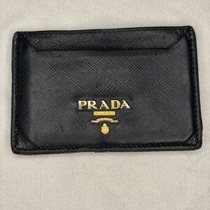 Prada Black Saffiano Leather Card Case with Gold Emblem Authenticated